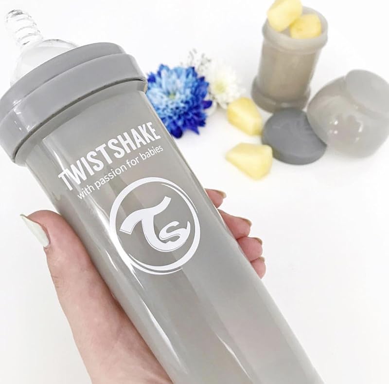 Biberão Anti-Cólicas com recipiente de leite e agitador, 330ml | Forma mamária em silicone de fluxo rápido | Livre de BPA | Para bebés com mais de 4 meses | Cinzento