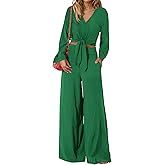PRETTYGARDEN Women's 2 Piece Outfits 2026 Spring Fashion V Neck Long Sleeve Strappy Crop Top Wide Leg Pant Lounge Sets