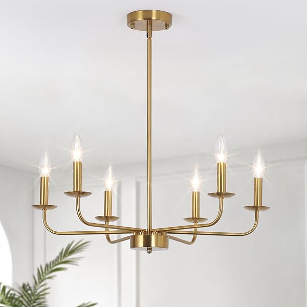 JZQWCK MODERN FARMHOUSE GOLD CHANDELIER FOR DINING ROOM, 6 LIGHTS RUSTIC CANDLE GOLD CHANDELIER LIGHT FIXTURE ADJUSTABLE HEIGHT CEILING HANGING LIGHTING FOR LIVING ROOM, KITCHEN, ENTRYWAY, FOYER