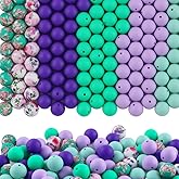 HHCFAST 150Pcs Mixed Color 15mm Silicone Beads for Keychain Making, Green Purple Flower Print Silicone Beads for Pens and Bracelet Jewelry Making