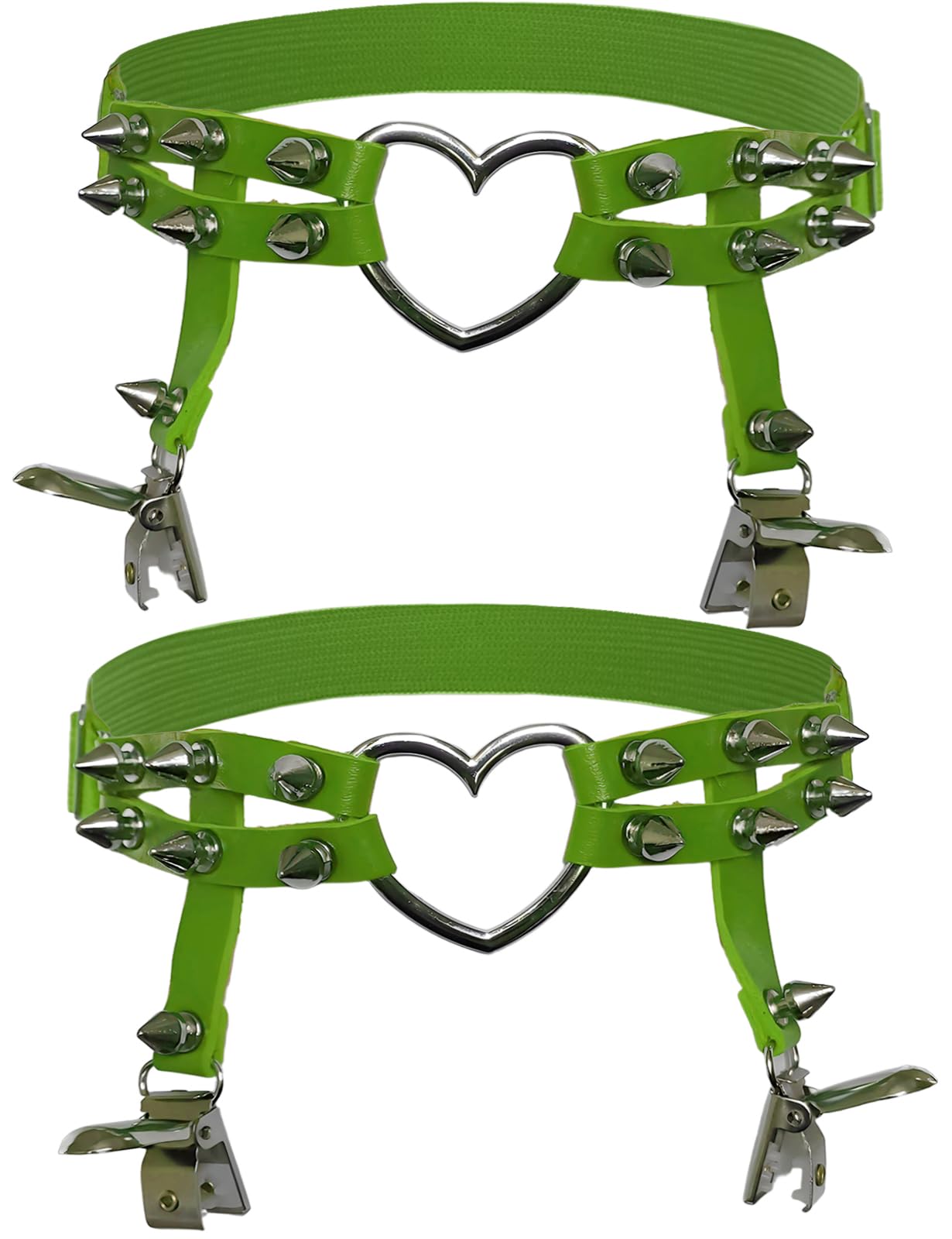 Photo 1 of Adove Women Adjustable Leather Thigh Garter, Heart Shaped Leg Garter with Clips punk goth Garters for thigh high socks black (2P Green Heart-Shaped)