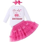 IDOPIP Pink Bow 1st Birthday Outfit Girl Baby Clothes Long Sleeve Romper Tulle Tutu Skirt Headband for Cake Smash Photo Shoot