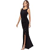 Betsy & Adam Women's Long Sleeveless Boat Neck Ruffle Side Slit Scuba Crepe Gown