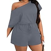 Eytino Womens Plus Size Jumpsuits Off The Shoulder Summer Rompers Casual Short Sleeve Overalls with Pockets(1X-5X)
