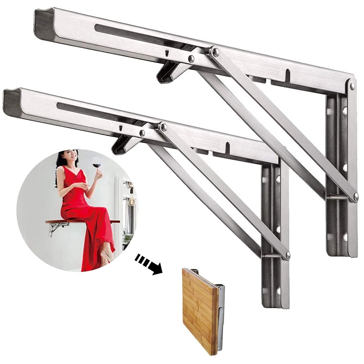 Heavy Duty Stainless Steel Collapsible Bracket 18 Inch, Wall Mount Shelf Brackets, DIY Triangle Bracket for Work Bench Space-Saving, Max Load 460 lb(18 Inch, 2 Pcs)