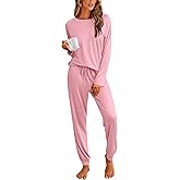 Ekouaer Pajamas Womens Long Sleeve Pj Set 2 Piece Loungewear Soft Comfy Sleepwear with Jogger Pants S-XXL