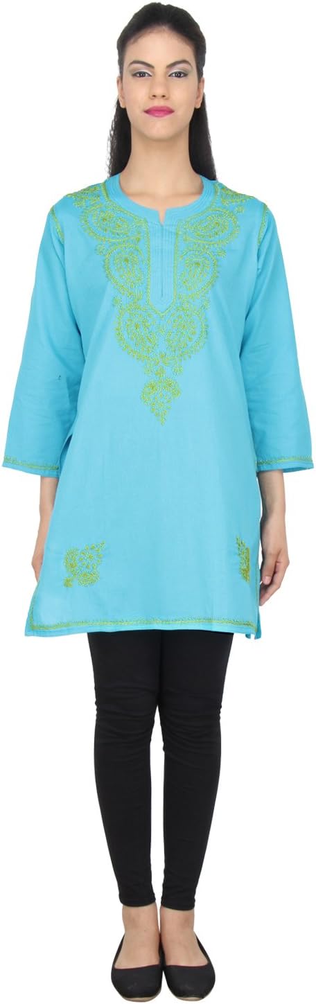 Indian Kurta Kurti Chikan Yellow Embroidery Tunic Cotton Blouse(Light Blue)