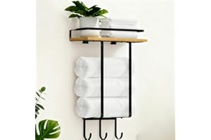 PENGARO Towel Racks for Bathroom Wall Mounted, Towel Holder Wall Mounted with Wooden Floating Shelf & 3 Metal Hooks, Rolled T