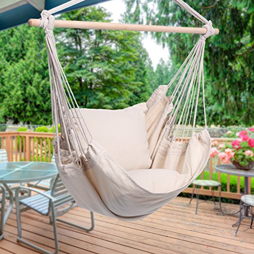 Finether Padded Hammock Hanging Chair Swing with Pillow Set for Indoor Outdoor Use, 265 lbs Weight Capacity, Beige