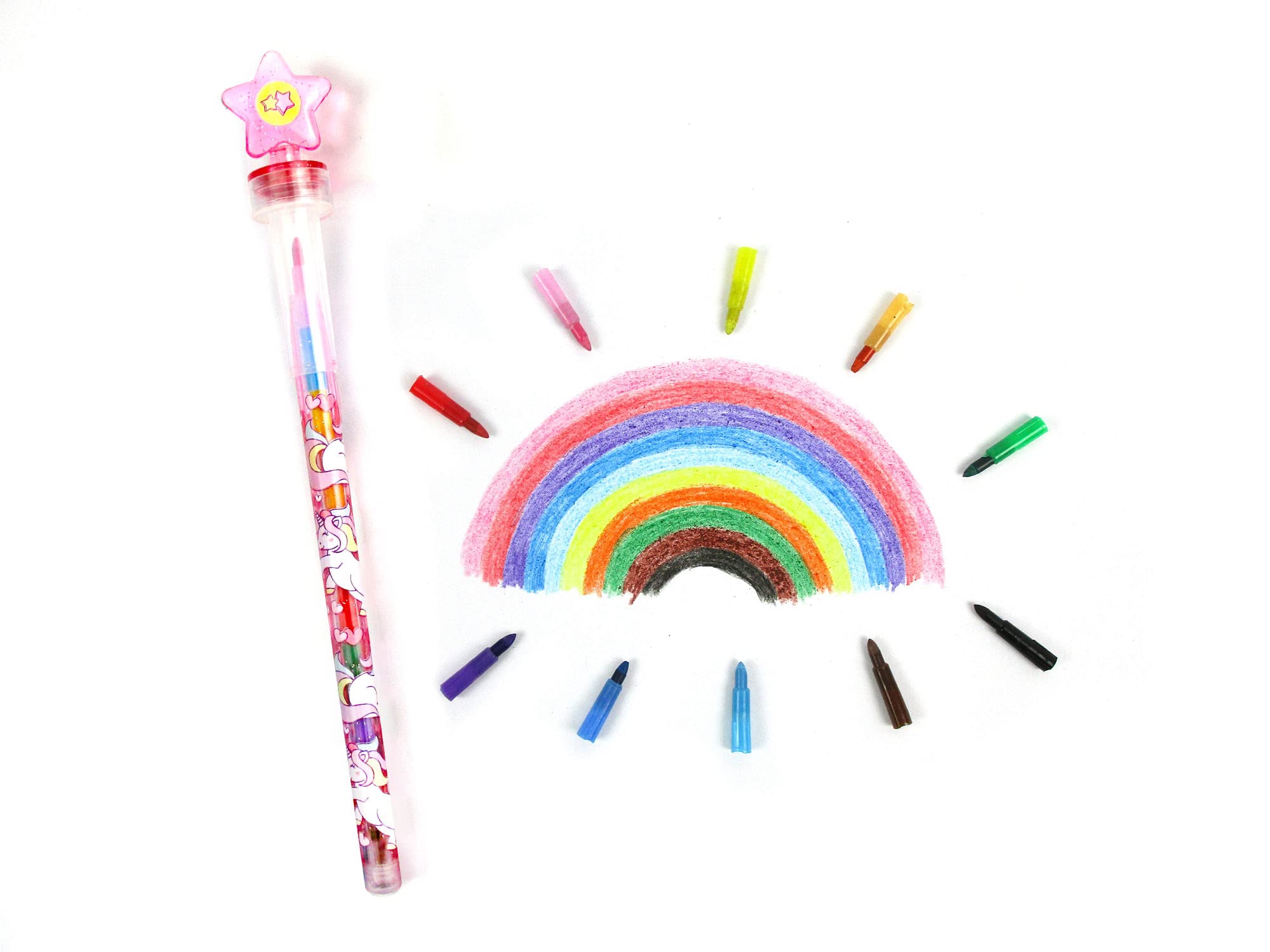 TINYMILLS 24 Pcs Unicorn Rainbow 2 in 1 Stacking Crayons with Stamp Topper, Kids Party Favors, Pinata Fillers for Girls Birthday Party, Goodie Bag Stuffers, Classroom Prizes Rewards
