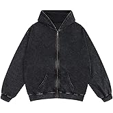 KEEPSHOWING Mens Oversized Sweatshirt Zip Up Hoodie Solid Wash Old Craft Basic Jackets Unisex Heavyweight Casual Sweatshirts