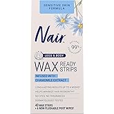 Nair Sensitive Hair Remover Mess-Free Wax Ready Strips, Legs and Body Easy Hair Removal Wax Strips for Sensitive Skin, Chamom