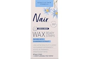 Nair Sensitive Hair Remover Mess-Free Wax Ready Strips, Legs and Body Easy Hair Removal Wax Strips for Sensitive Skin, Chamomile Extract, Dermatologist Tested, Plus 6 Post Wipes, 40 Count