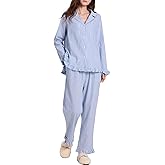 Rousytn Womens Cotton Pajama Sets Long Sleeve Button Down Striped 2 Piece Pjs Ruffle Sleepwear with Long Pants Lounge Set