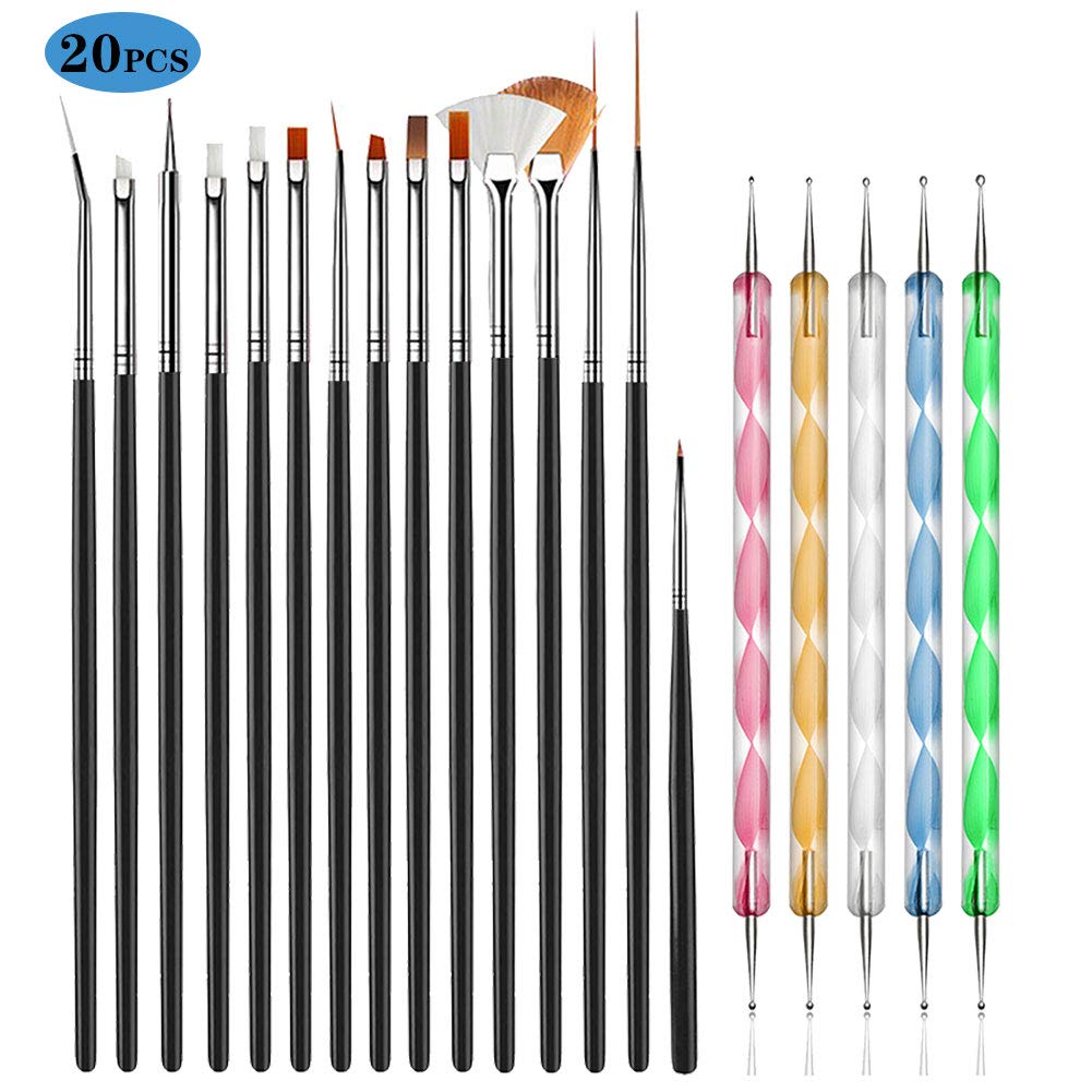 JOYJULY 20PCS Professional Nail Art Brushes Set Nail Design Tools,15pcs Nail Detail Brush Kit,5pcs Nail Art Pens Dotting Tools-BLACK