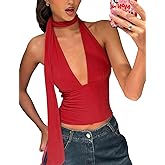 Lancifolium Halter Scarf Tops for Women Trending Sleeveless Plunge Neckline Cropped Tank Double Lined Outfits