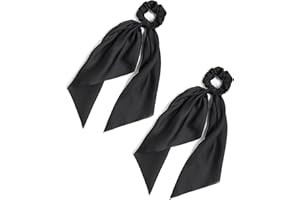 LFOUVRE Pack of 2 Knotted Bow Hair Scrunchies Elastic Hair Scarf Black Hair Ties Bands Satin Hair Ribbon Scrunchy Red Ponytail Holder for Women and Girls (Black)