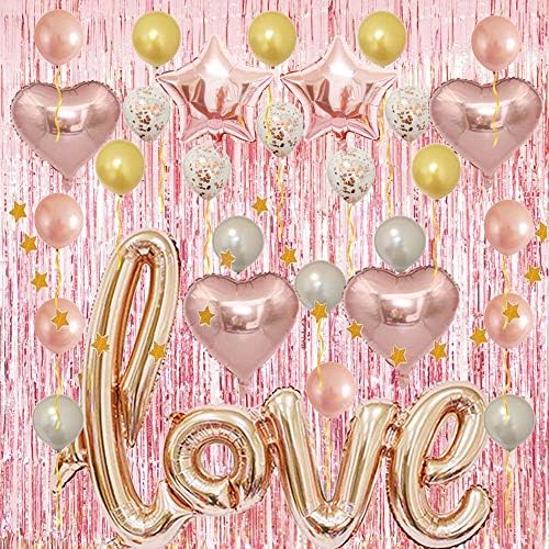 Valentine's day Decorations Kit-Large Rose Gold Love Letter Balloons-Foil Heart Balloons|Confetti Latex Balloons| Rose Gold Metallic Fringe Curtain as Gift for Him or Her