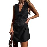 CHARTOU Women's Summer Sleeveless Mini Dress Cotton Linen V Neck Cinched A Line Slim Tank Short Dress