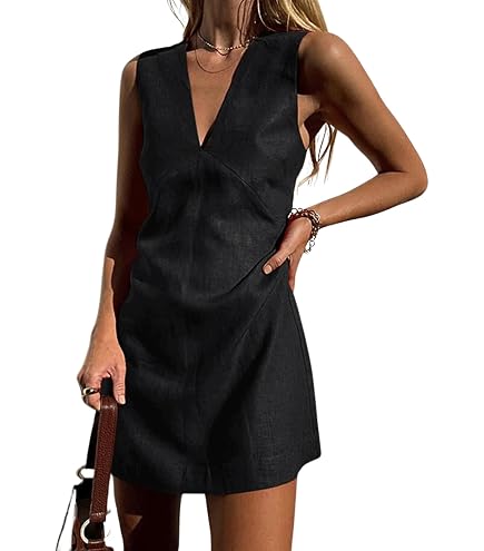 Womens Summer Cotton Linen V Neck Sleeveless Mini Dress Casual A Line Tank Dress Sundress at Amazon Women's Clothing store
