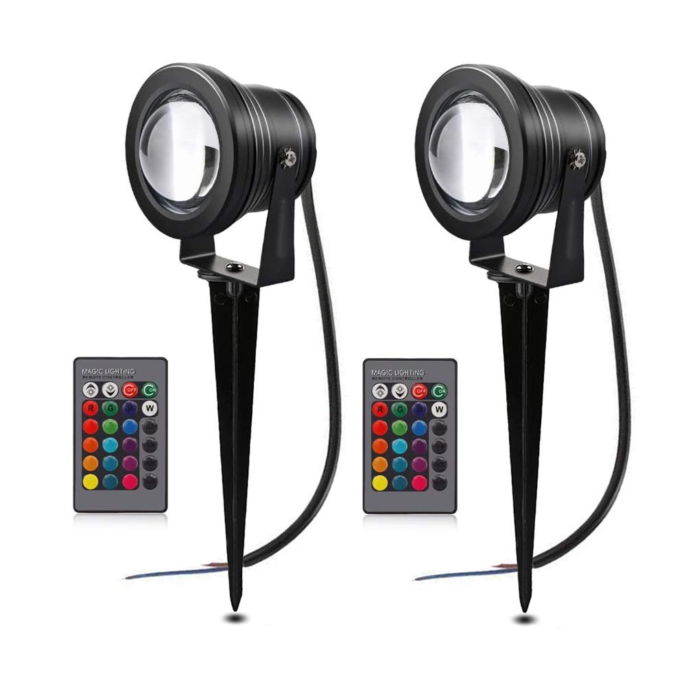 Ygapuzi 10W Color Changing LED Landscape Lights Remote Control 12V Low Voltage Spotlights for Driveway, Yard, Lawn, Patio, Swimming Pool, Garden, with Stakes, Pack of 2 (Multicolor)