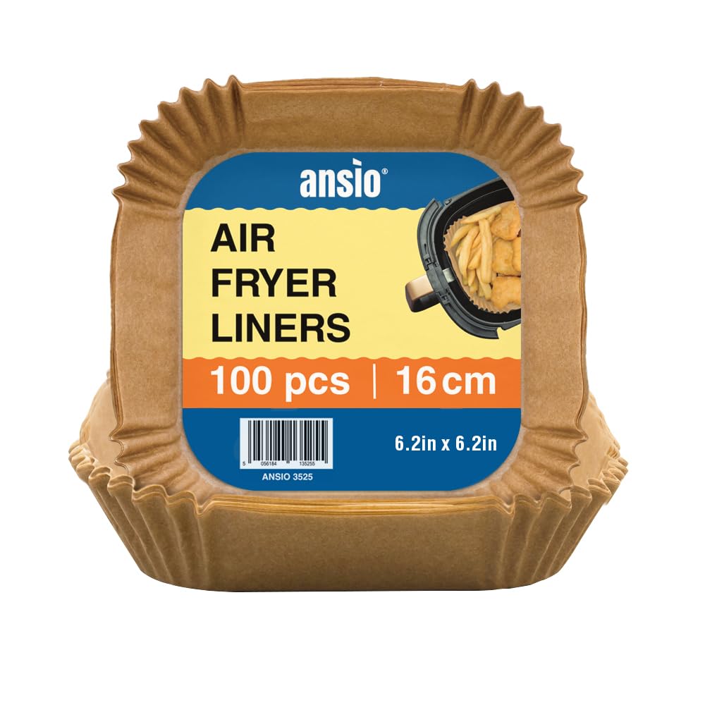 ANSIO Air Fryer Paper Liners – 100 PCS Square Disposable Liners, 16cm x 16cm x 4.5cm Inner Fit for COSORI, Ninja, Tower Air Fryers – Pack of 100