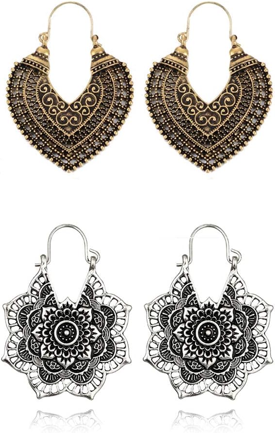 Jetloter 2 Pairs Oxidized Silver Hoops Boho Vintage Retro Tribal Tibetan Gypsy Dangle Indian Bollywood Ethnic Earrings Love Gift