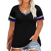 TIYOMI Plus Size Tops for Women V Neck Raglan T-Shirt Short Sleeve Summer Shirts Casual Loose Tunic Blouse