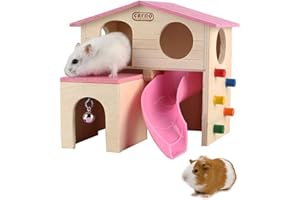 kathson Pet Small Animal Hideout Hamster House with Funny Climbing Ladder Slide Wooden Hut Play Toys Chews for Small Animals Like Dwarf Hamster and Mouse(Pink)