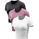 CADMUS Women's Dry Fit Crop Top Yoga Short Sleeve Shirts Crew Neck Athletic Running Tee 3 Pieces