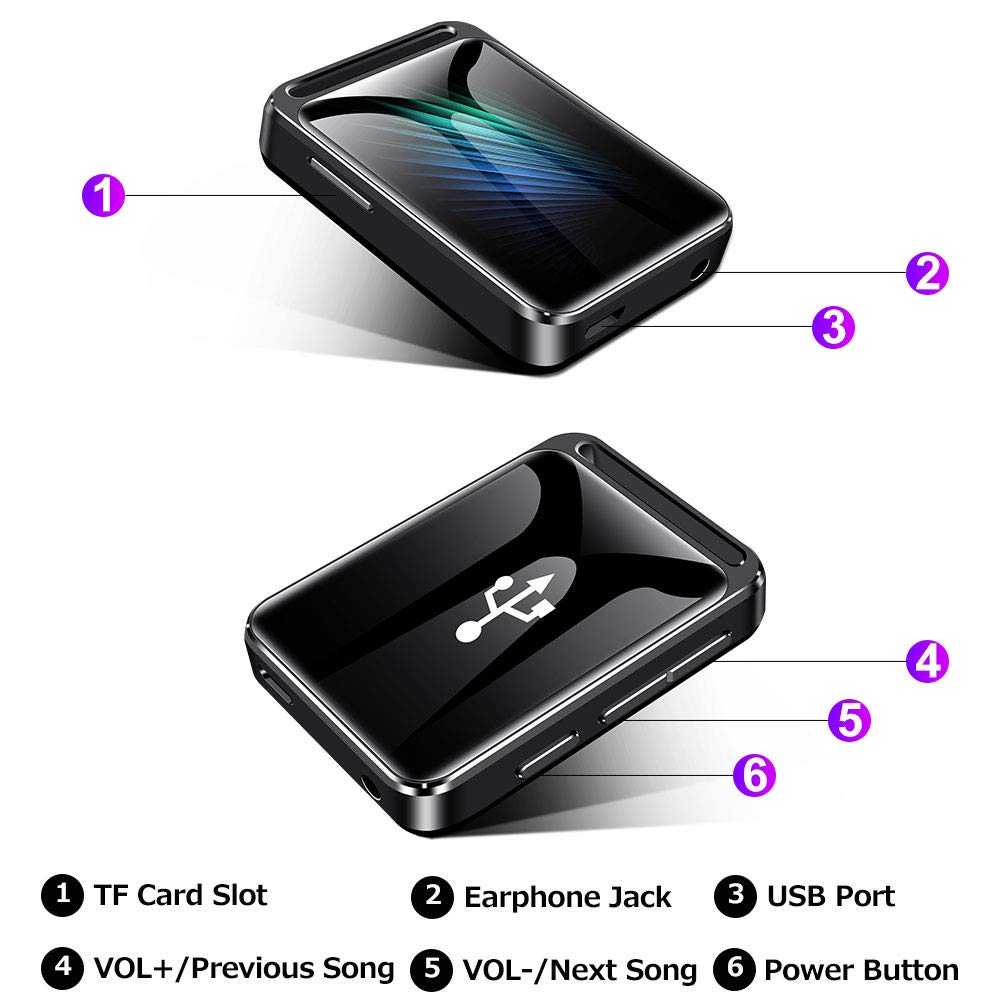 16GB MP3 Player with Bluetooth 4.1, HiFi Lossless Sound Music MP3 Player with FM Radio, Voice Recorder, E-Book, Supports up to 128GB, Earphone Included, Built-in Speaker, 1.8 inch Full Touch Screen