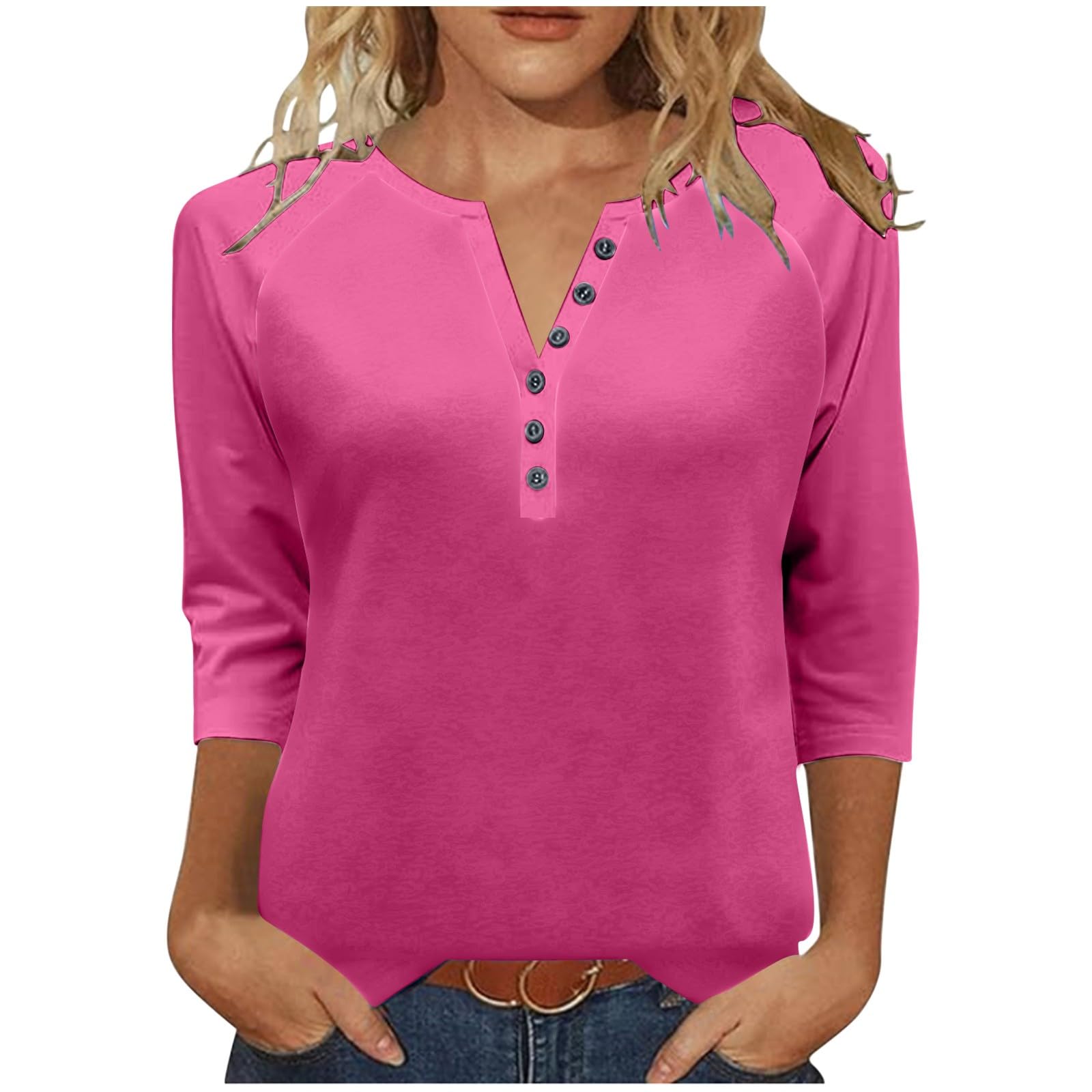 3/4 Length Sleeve Womens Tops Dressy Trendy Button