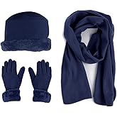 Women's Navy Solid Fleece 3-Piece gloves scarf Hat Winter Set