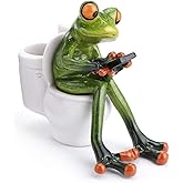 JUXYES Resin Creative 3D Craft Frog Figurine Statue, Funny Green Frog Texting On Toilet Personalized Animal Collectible Figurines Frog Crafts for Home Office Decoration