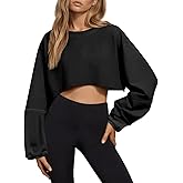 Tankaneo Womens Long Ballon Sleeve Sweatshirts Tops Cropped Crew Neck Loose Fit Casual Workout Shirts