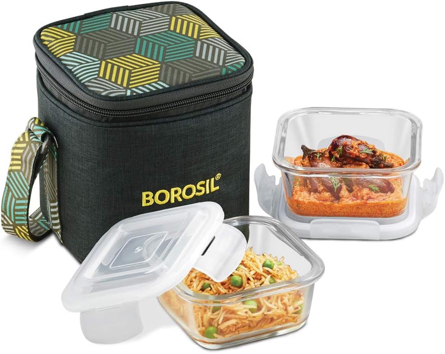 Buy Borosil Food Luck Glass Lunch Box Set of 2, 320ml, Vertical, Olive