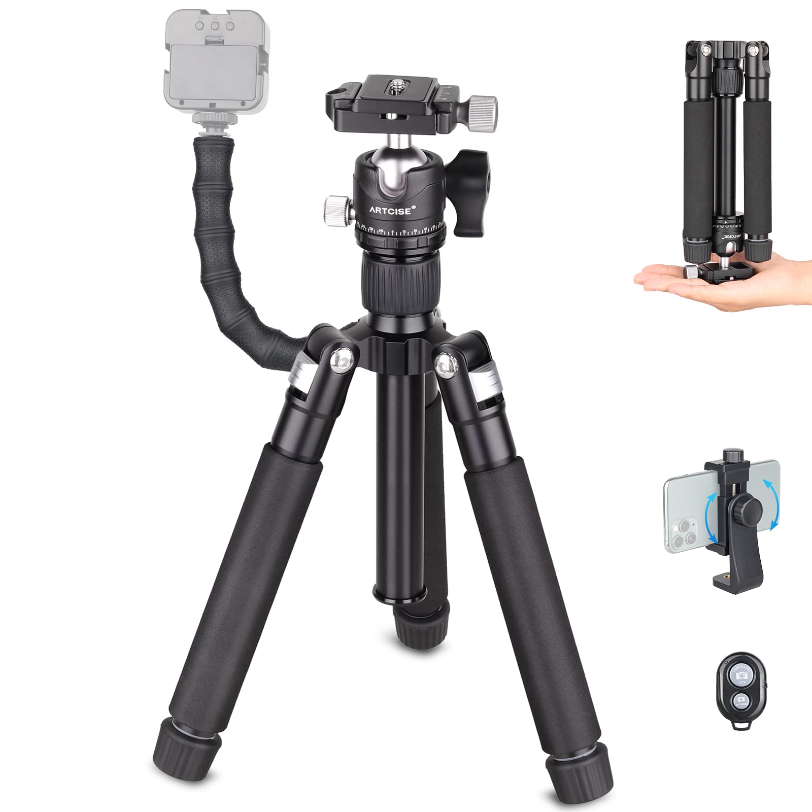 20"/ 51cm Mini Desktop Tripod, ARTCISE Portable Compact Desktop Mini Tripod with Panoramic Ball Head 1/4" Quick Release Plate for DSLR Camera Mobile Phone