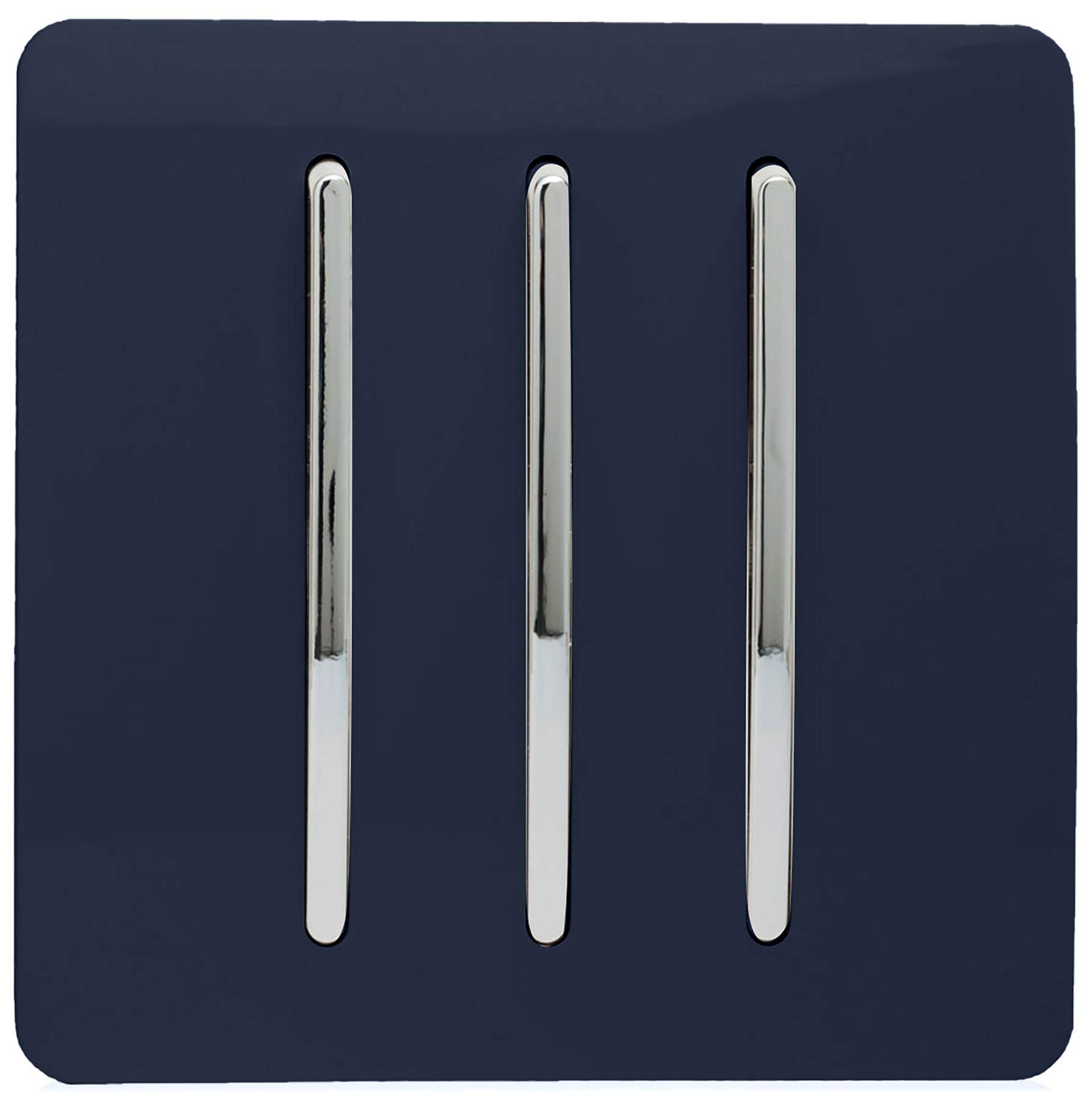 Trendi 3 Gang 2 way 240V Screwless Raised Front Plate Plastic Artistic Modern Glossy 10 Amp Chrome Rocker Triple Electrical Wall Light Switch Navy Blue - ART-SS6NV