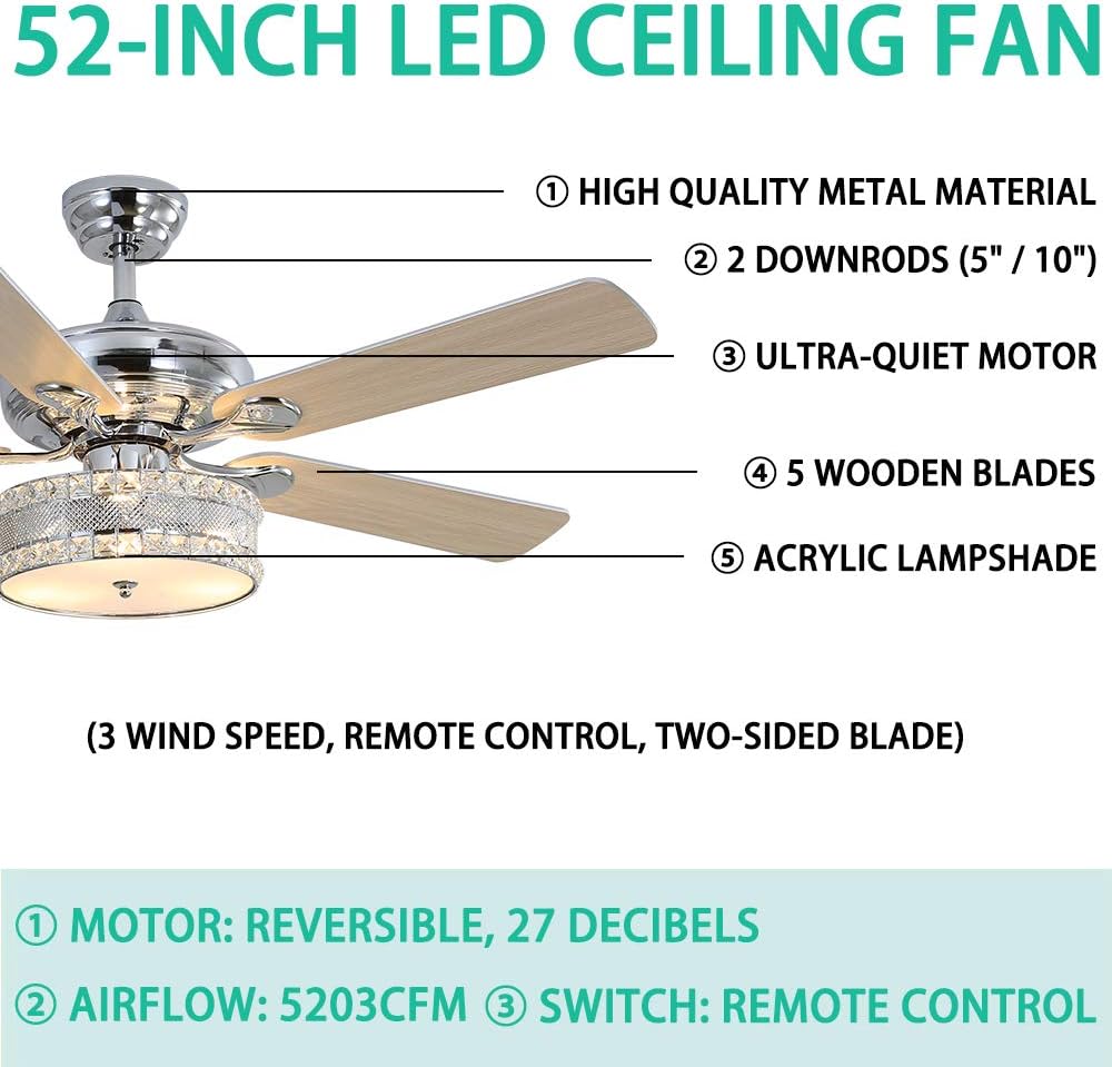Anfersonlight 52 Inch Modern Ceiling Fan With Light Remote Indoor
