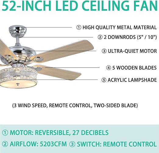 Anfersonlight 52 Inch Modern Ceiling Fan With Light Remote Indoor
