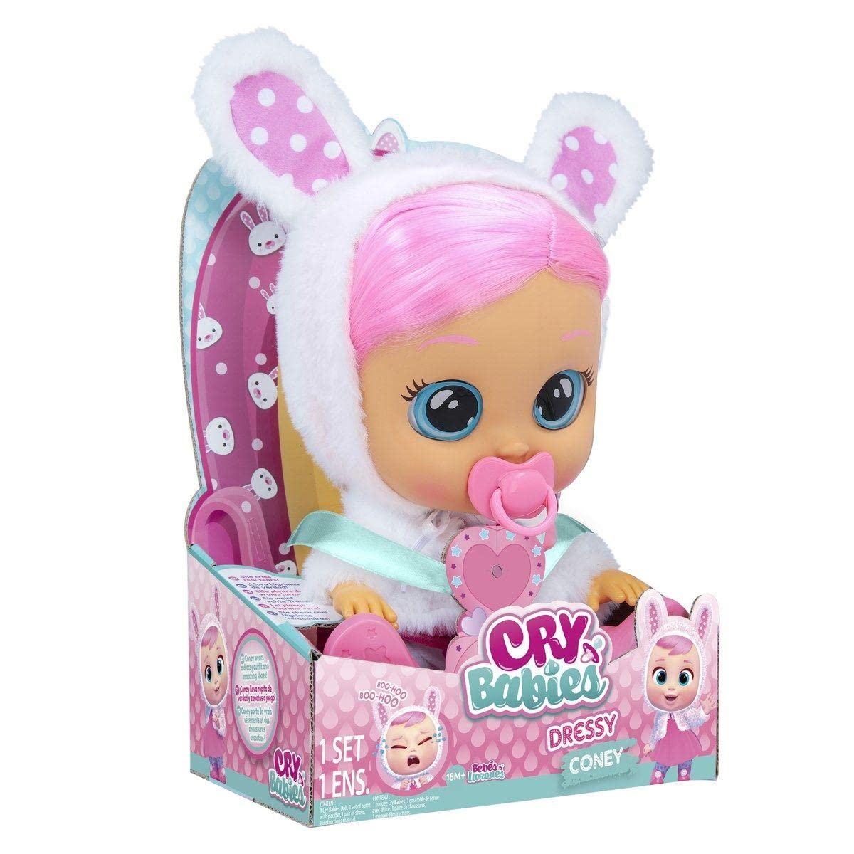 CRY BABIES Dressy Coney Rabbit | Interactive baby doll that cries Real tears, with coloured hair and changeable Outfits to Dress up - Toy & function doll for kids +2 Years