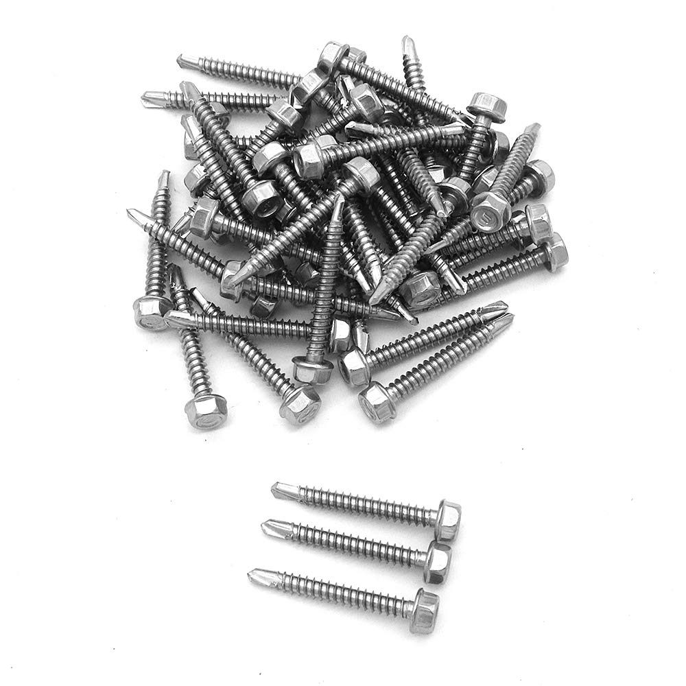 50 Pieces NUZAMAS 4.2 x 32mm Thread 304 Stainless Steel Self Drilling Tek Screw with Washer, for Wood, Metal Fastened
