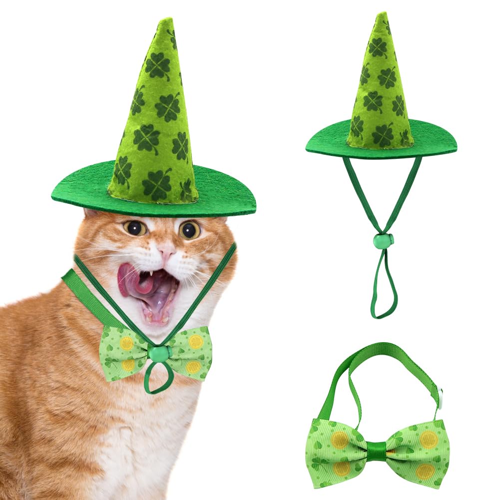 St. Patrick's Day Dog Costume,Puppy Bandana Collar with Bow Tie and Triangle Clover Hat Green Irish Dog Adjustable Accessories for Pet Puppy Cat Party Dress-up Cosplay Costume