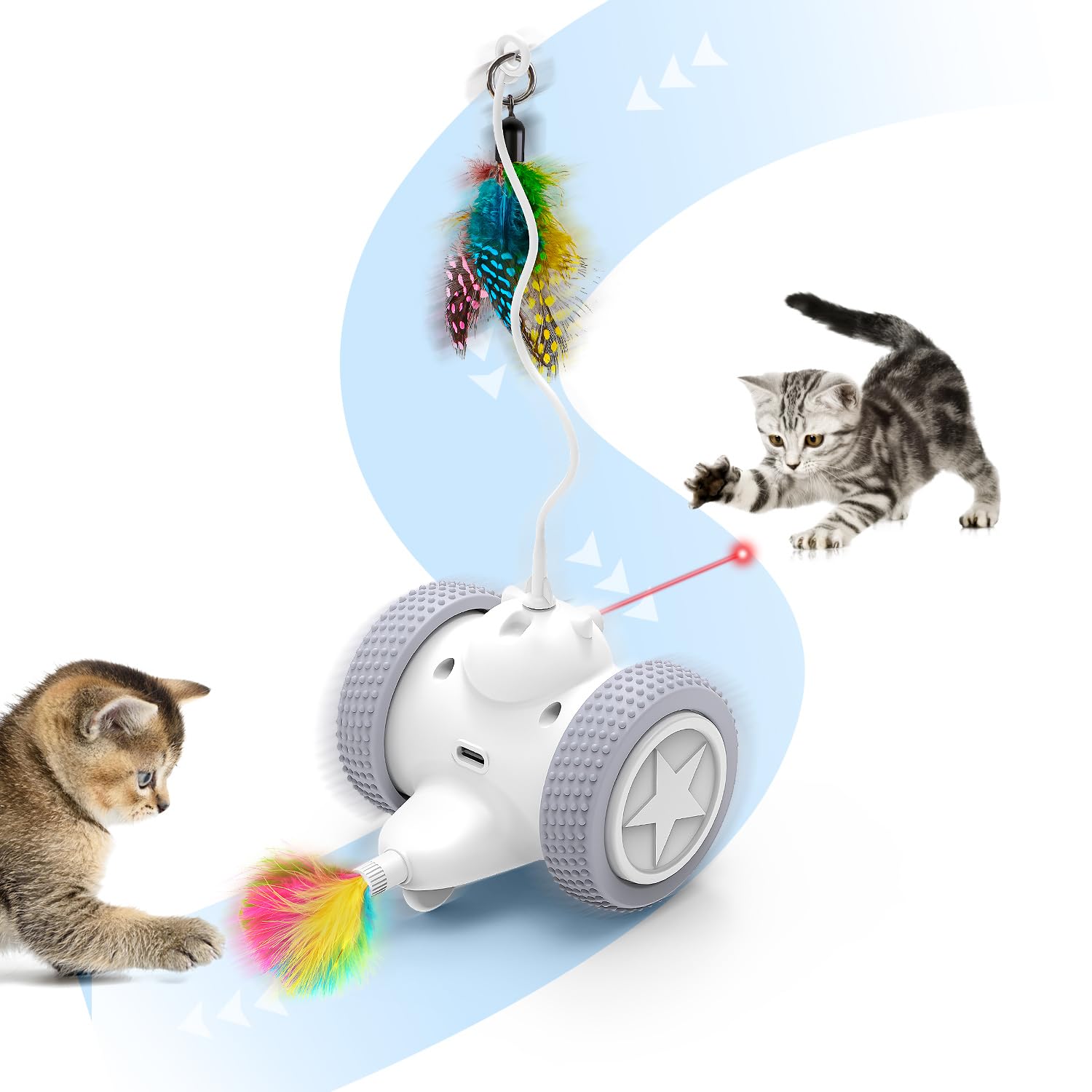Tyasoleil Cat Toys for Indoor Cats, Interactive cat toy, 4in1 Rechargeable Kitten Toy, Automatic Moving Wheels, Indoor Cat Kicker Toys, 2 Natural Feathers, Colorful lights