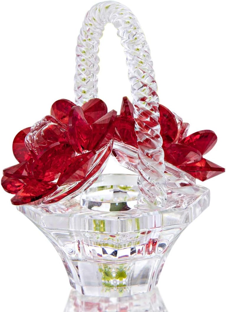 H&D HYALINE & DORA Cyrstal Rose Vase Figurine Glass Rose Ornament,Crystal Basket of Flowers Paperweight,Gift for Mom