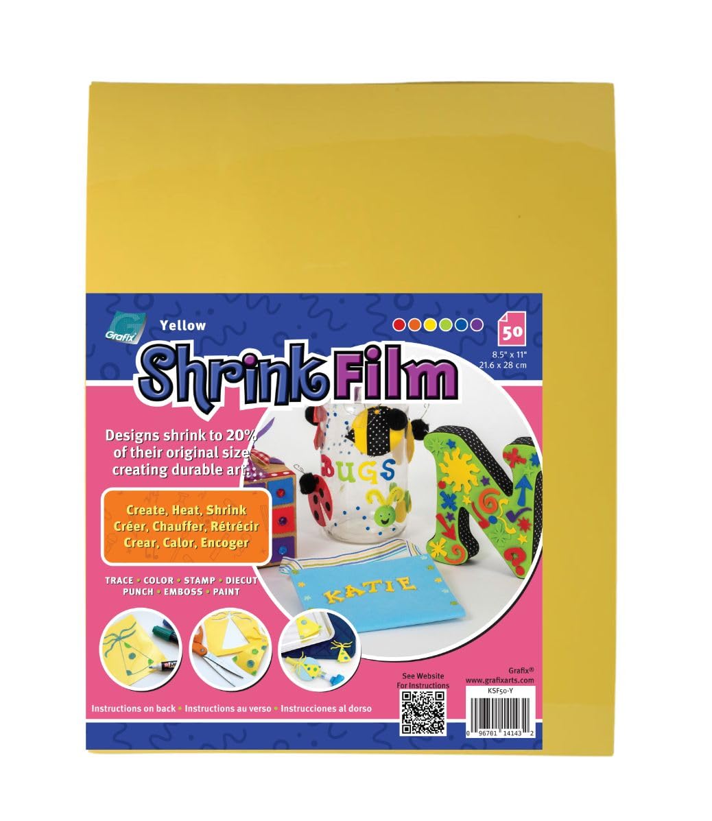 Grafix Yellow, 8.5 x 11”, Pack of 50, Opaque Sheets, Design Your Art and Shrink It to Create Jewelry, Embellishments, Paper Crafts, Gift Tags, Ornaments