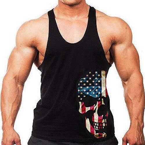 Preways Mens American Skull Cottom Stringer Bodybuilding Gym Tank Top Y-Back(TT011,L, Black)