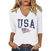 Scgirl Womens 3/4 V Neck Sleeve American Flag Shirts 4th of July Summer Shirts Graphic Tops