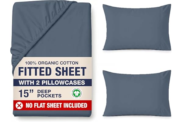 Lane Linen Fitted Sheet Full Organic Cotton & 2 Pillowcases - Estate Blue | GOTS Certified, 2 Pillowcases, Full/Double Size,