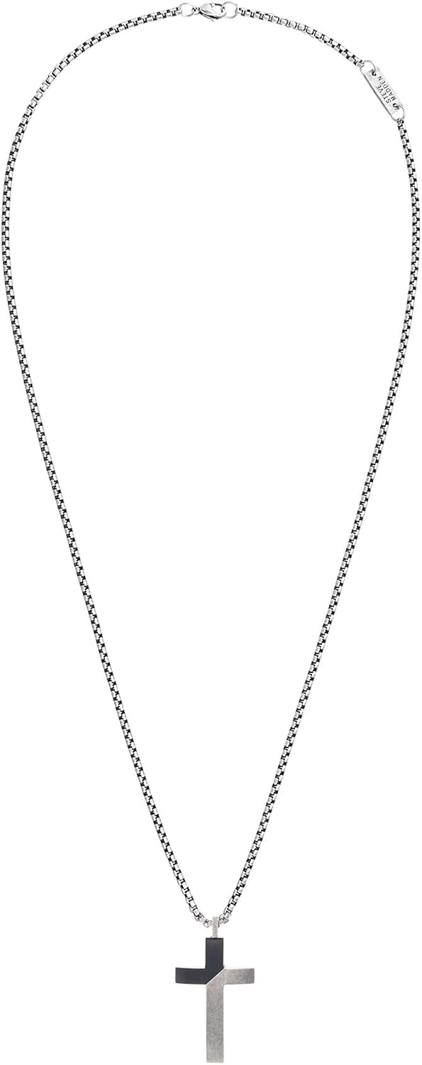 Steve Madden Black Rhodium IP Plated Stainless Steel Diagonal Design Cross Necklace for Men on 26 Inch Box Chain with 2 Inch Extender (Black) | 